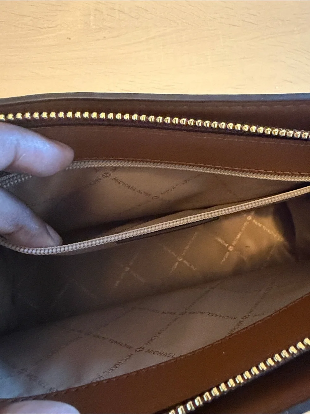 Michael Kors Brown Logo Satchel with Metallic Stripe Accents